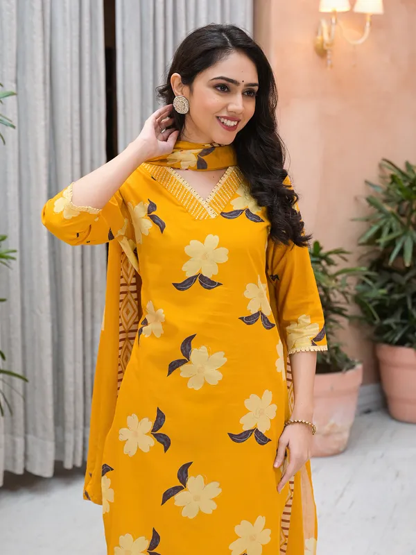 Mustard yellow floral printed silk kurti set