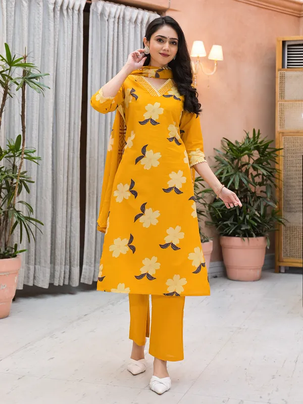 Mustard yellow floral printed silk kurti set