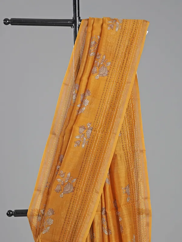 Mustard yellow floral semi cotton saree