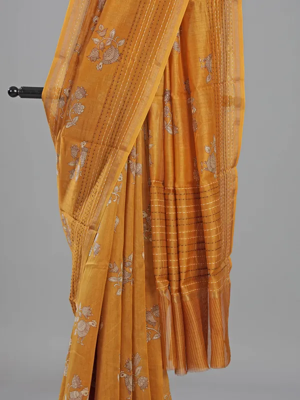 Mustard yellow floral semi cotton saree