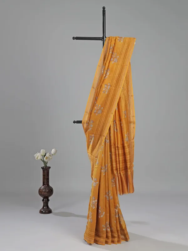 Mustard yellow floral semi cotton saree