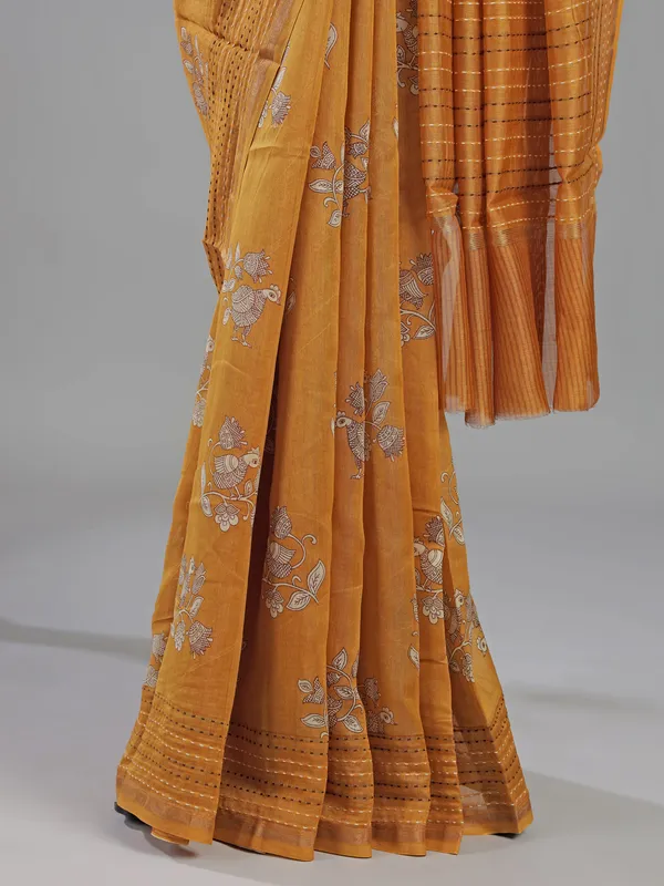 Mustard yellow floral semi cotton saree