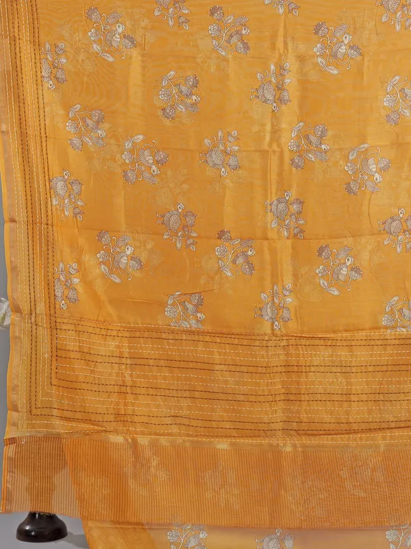 Mustard yellow floral semi cotton saree