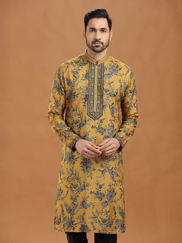 Mustard yellow floral viscose kurta ensemble