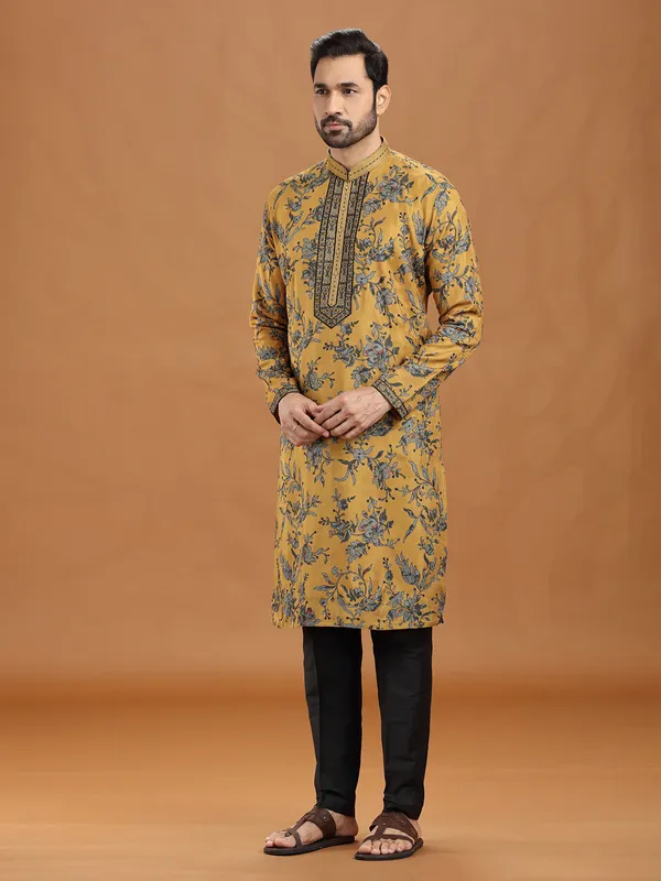 Mustard yellow floral viscose kurta ensemble