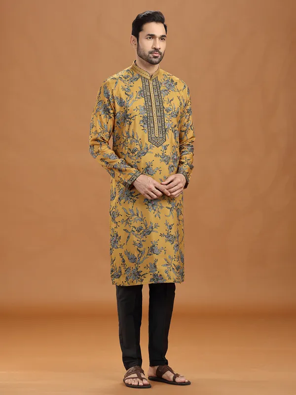 Mustard yellow floral viscose kurta ensemble