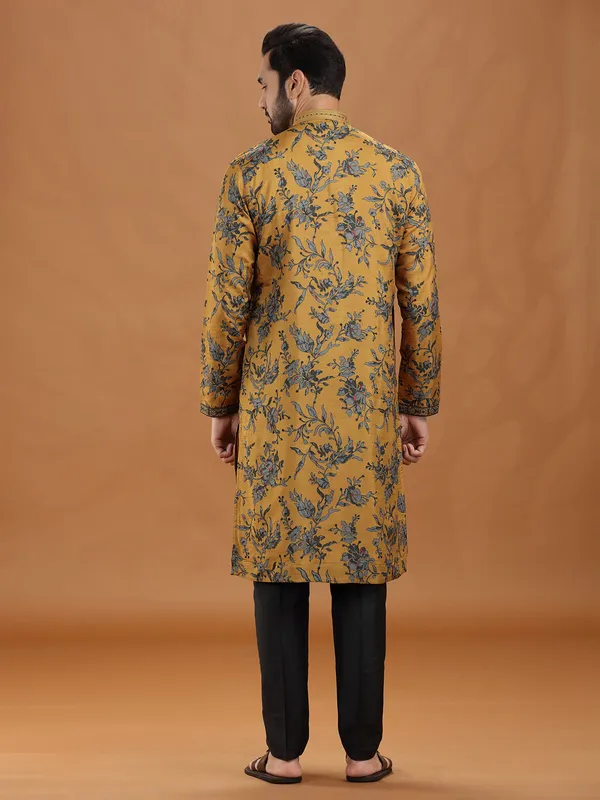 Mustard yellow floral viscose kurta ensemble