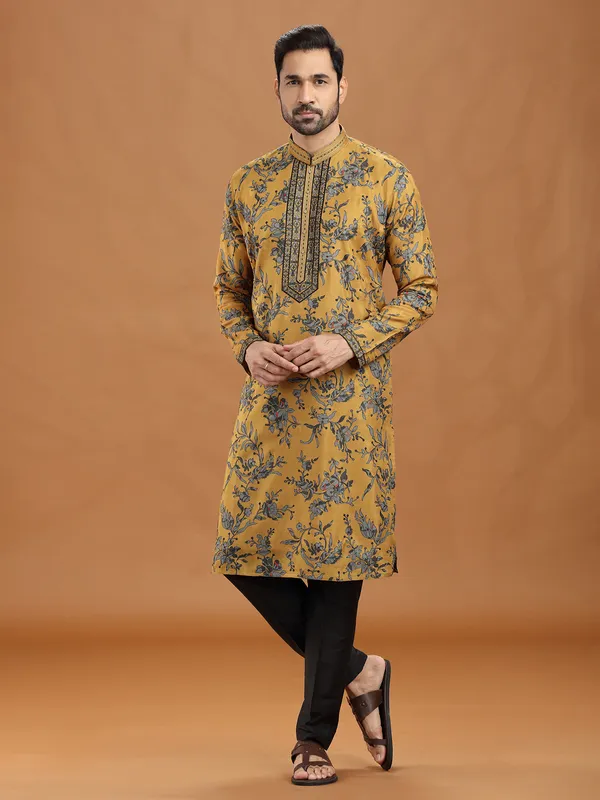 Mustard yellow floral viscose kurta ensemble