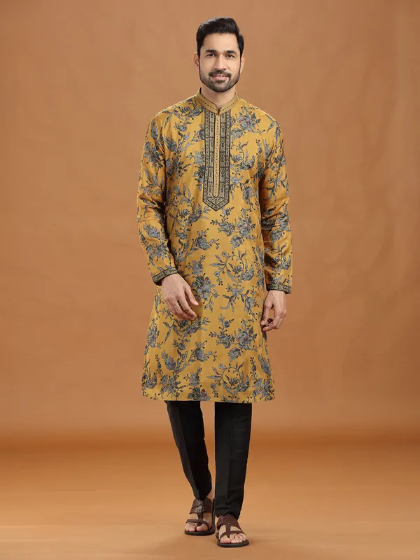 Mustard yellow floral viscose kurta ensemble