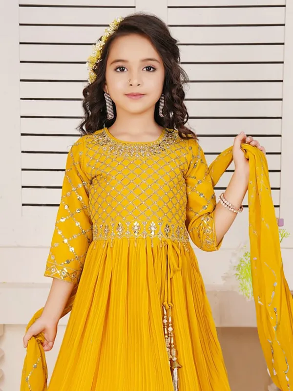 Mustard yellow georgette anarkali salwar suit for girls