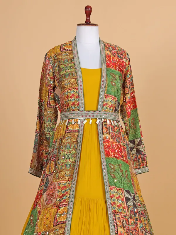 Mustard yellow georgette anarkali suit with jacket style