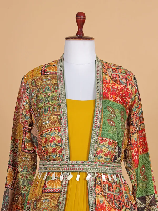 Mustard yellow georgette anarkali suit with jacket style