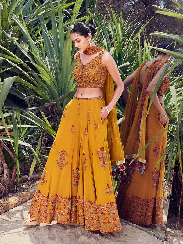 Mustard yellow georgette crop top style palazzo suit