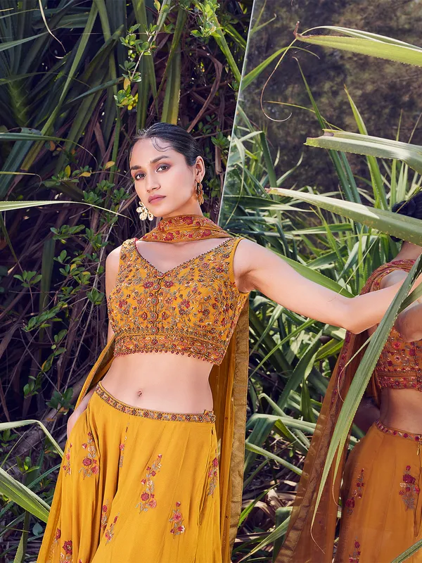 Mustard yellow georgette crop top style palazzo suit