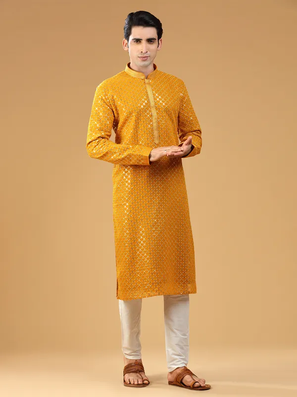 Mustard yellow georgette  Men Kurta pajama with sequins