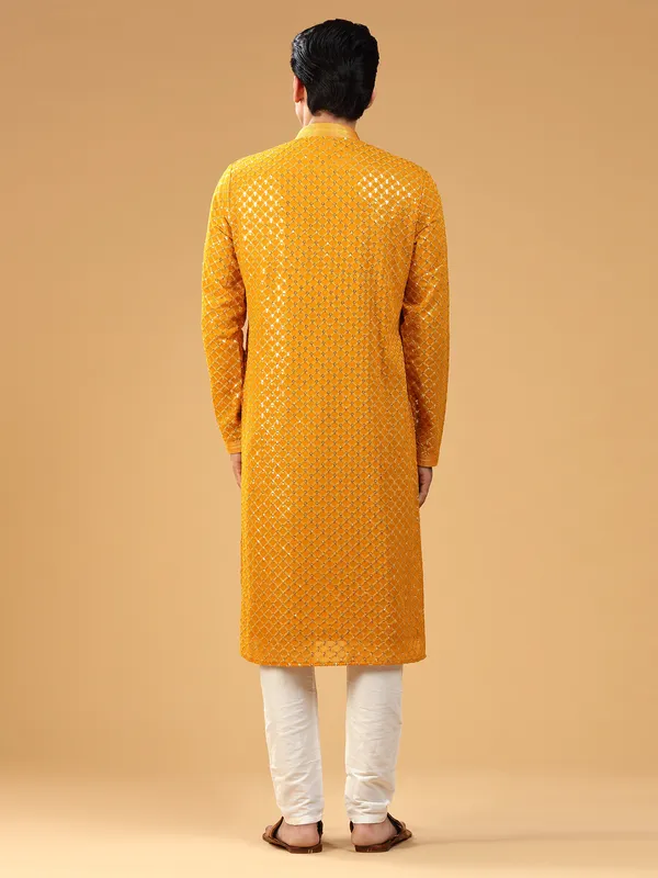 Mustard yellow georgette  Men Kurta pajma with sequins