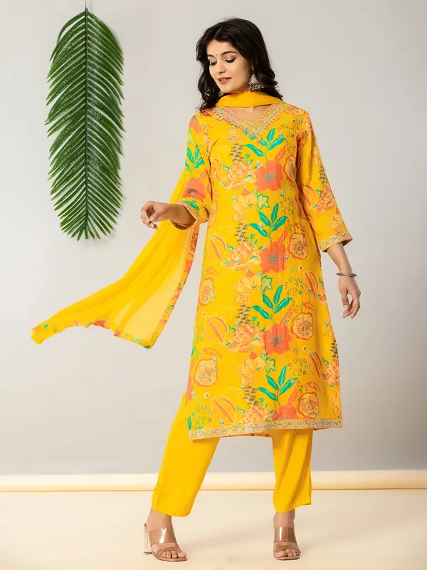 Mustard yellow georgette kurti set with aabla work