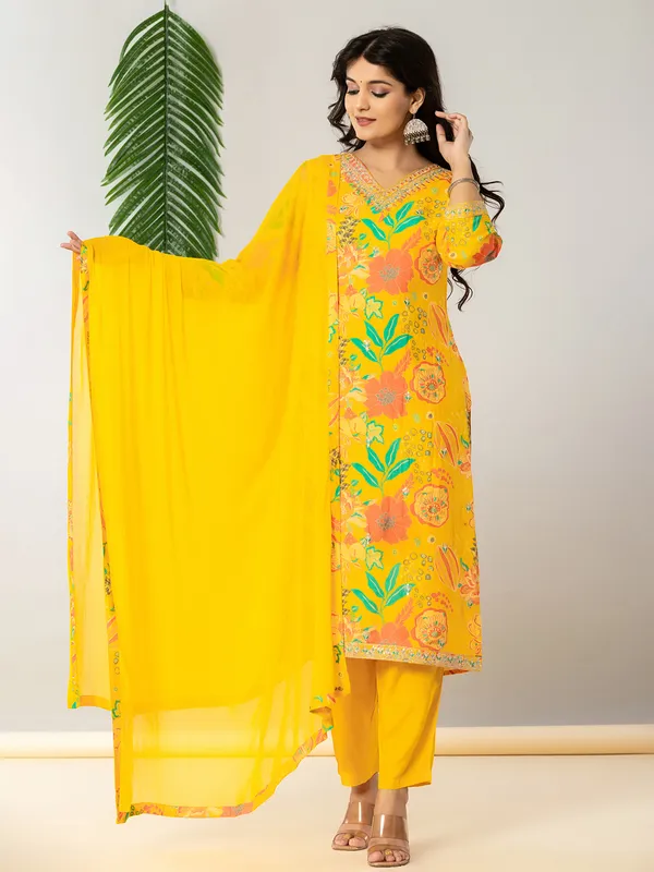 Mustard yellow georgette kurti set with aabla work