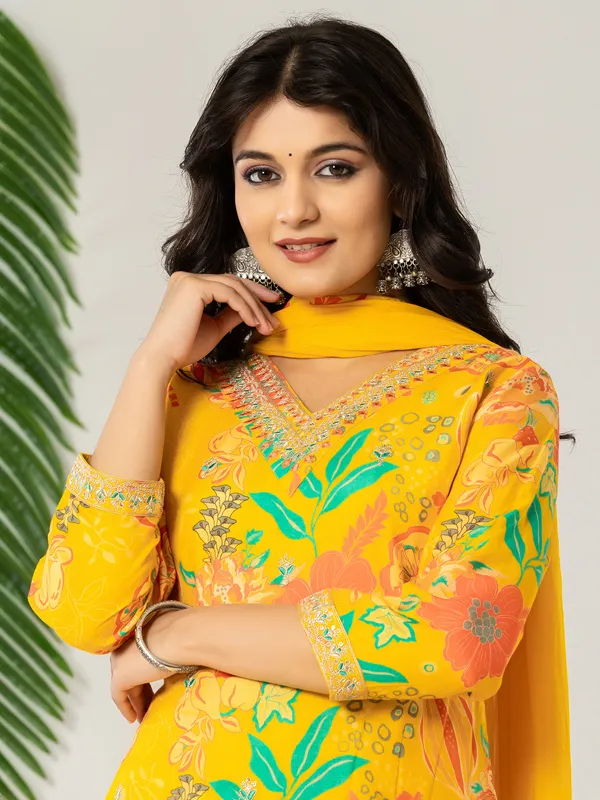 Mustard yellow georgette kurti set with aabla work