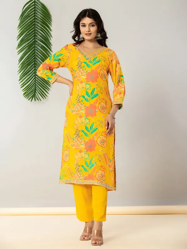 Mustard yellow georgette kurti set with aabla work
