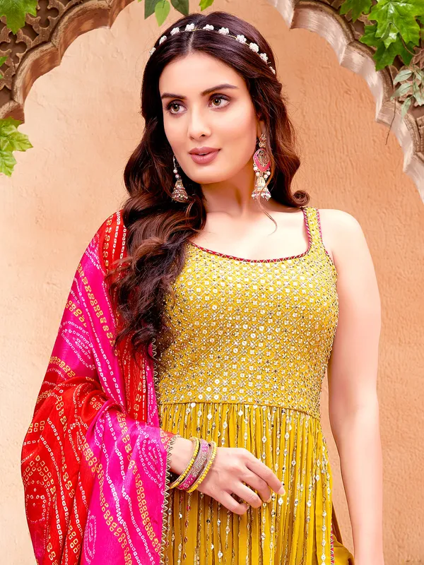 Mustard yellow georgette palazzo suit with dupatta