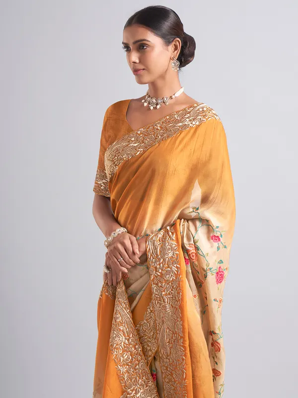 Mustard yellow georgette saree for reception