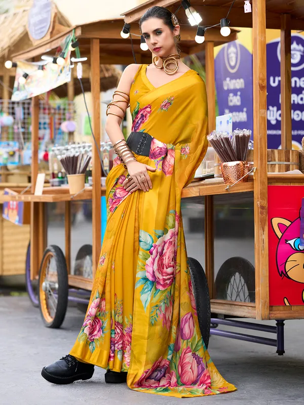 Mustard yellow georgette saree with printed