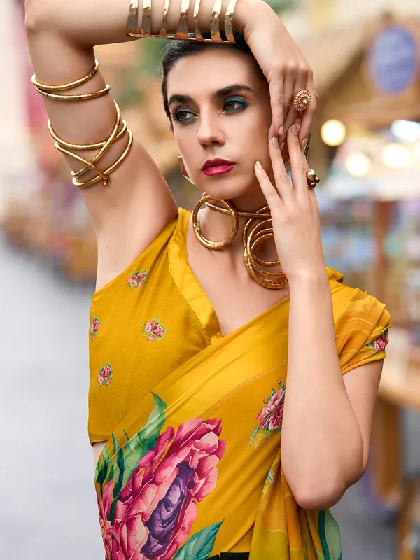 Mustard yellow georgette saree with printed