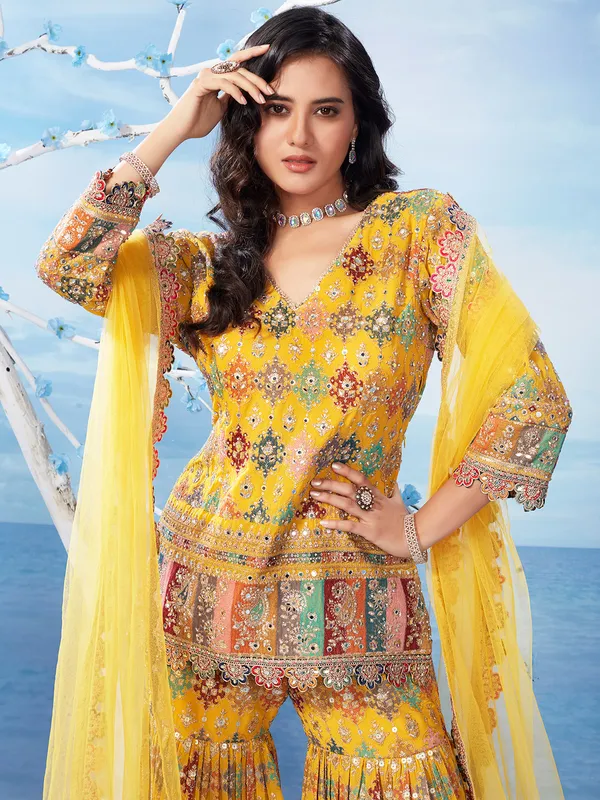 Mustard yellow georgette sharara suit for wedding