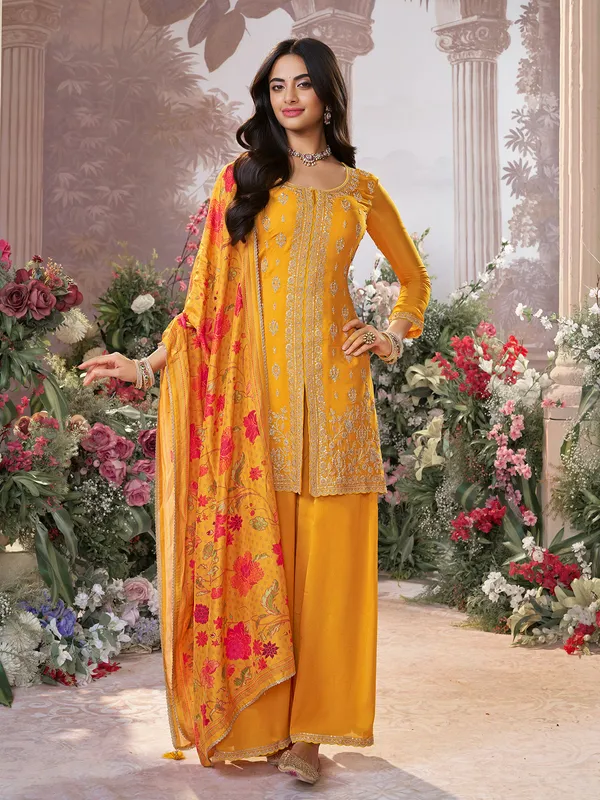 Mustard yellow georgette silk round neck palazzo suit