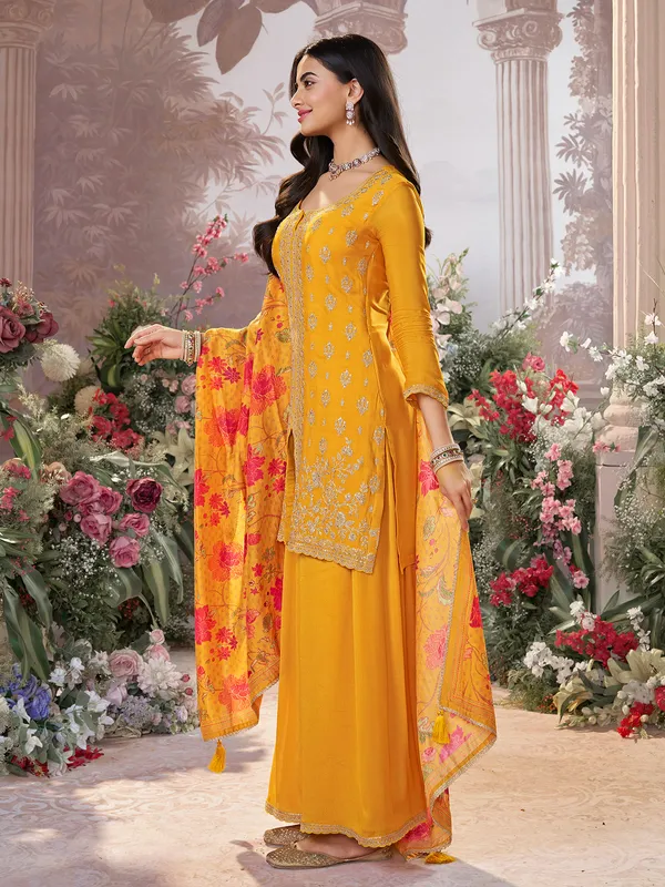 Mustard yellow georgette silk round neck palazzo suit