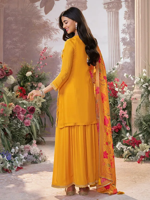 Mustard yellow georgette silk round neck palazzo suit