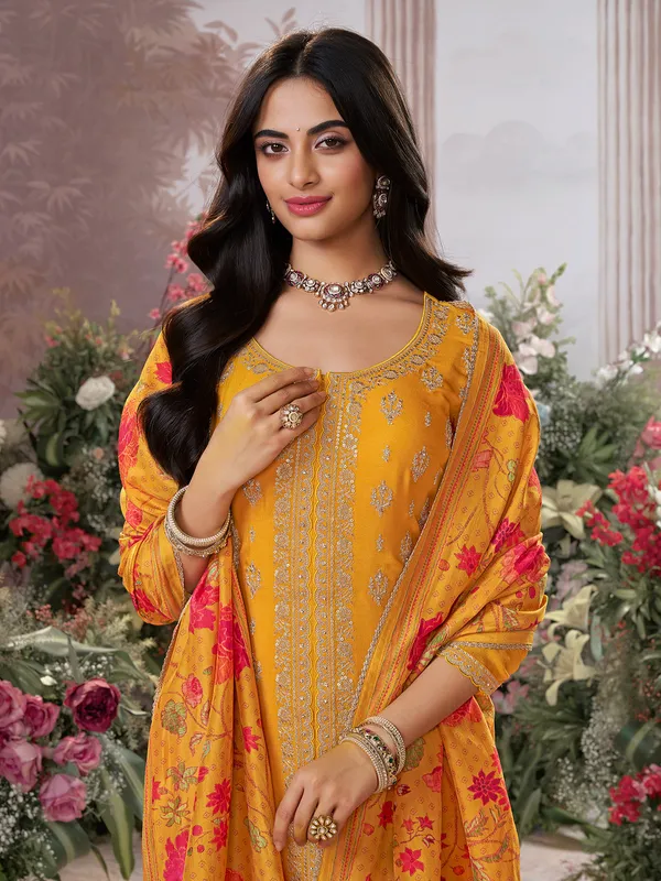 Mustard yellow georgette silk round neck palazzo suit