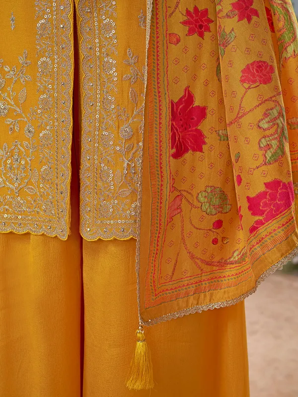 Mustard yellow georgette silk round neck palazzo suit