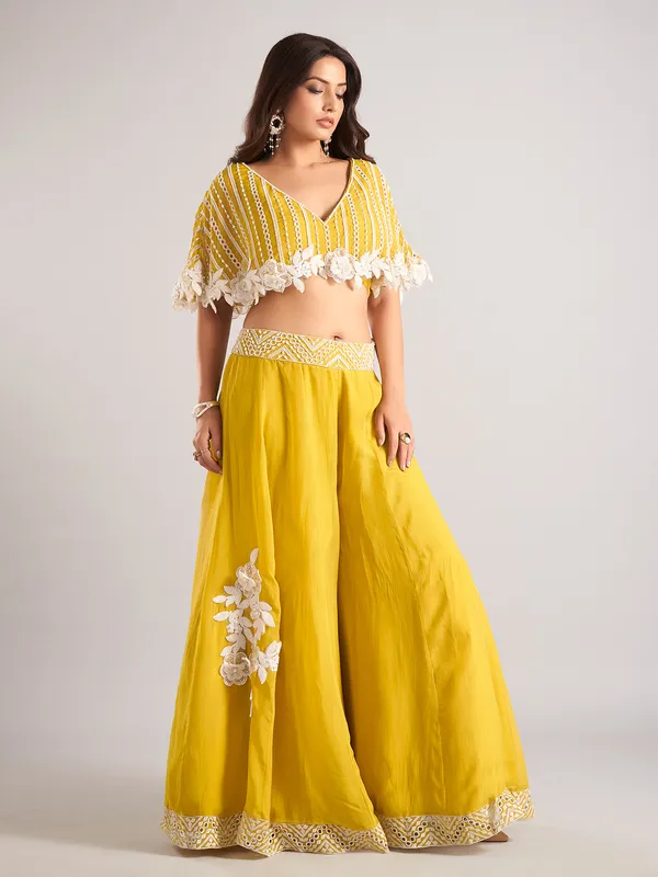 Mustard yellow georgette V neck palazzo suit