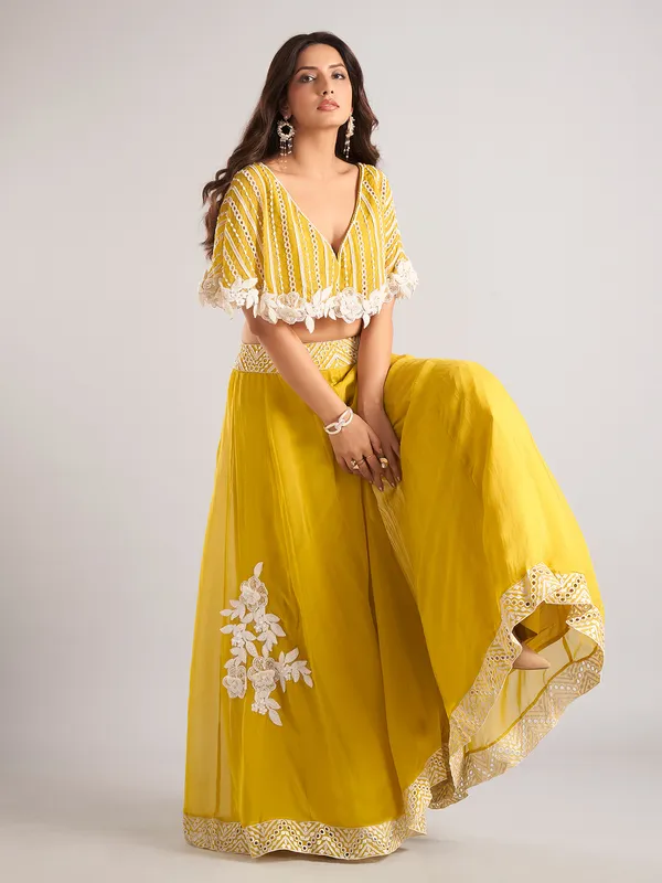 Mustard yellow georgette V neck palazzo suit