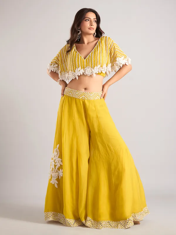 Mustard yellow georgette V neck palazzo suit