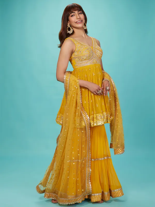 Mustard yellow georgette wedding sharara suit