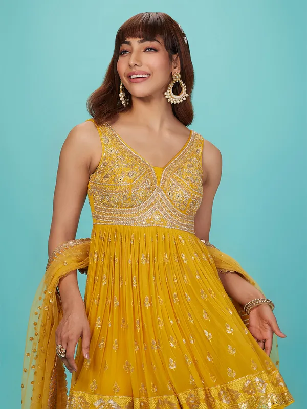 Mustard yellow georgette wedding sharara suit