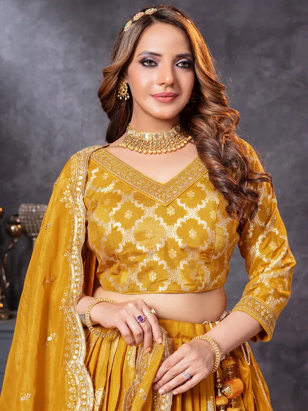 Mustard yellow haldi resham and zari lehenga choli