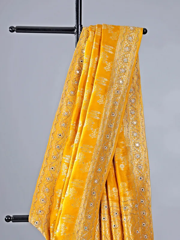 Mustard yellow haldi special silk saree with zari work