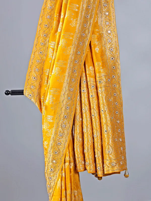 Mustard yellow haldi special silk saree with zari work