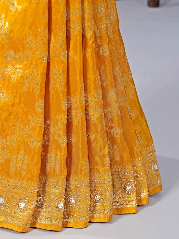 Mustard yellow haldi special silk saree with zari work