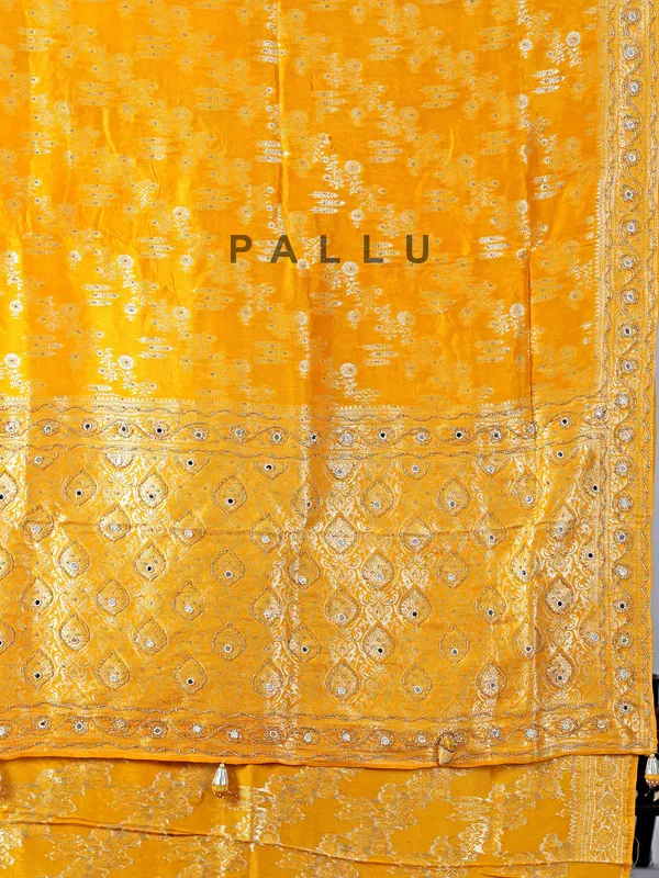 Mustard yellow haldi special silk saree with zari work