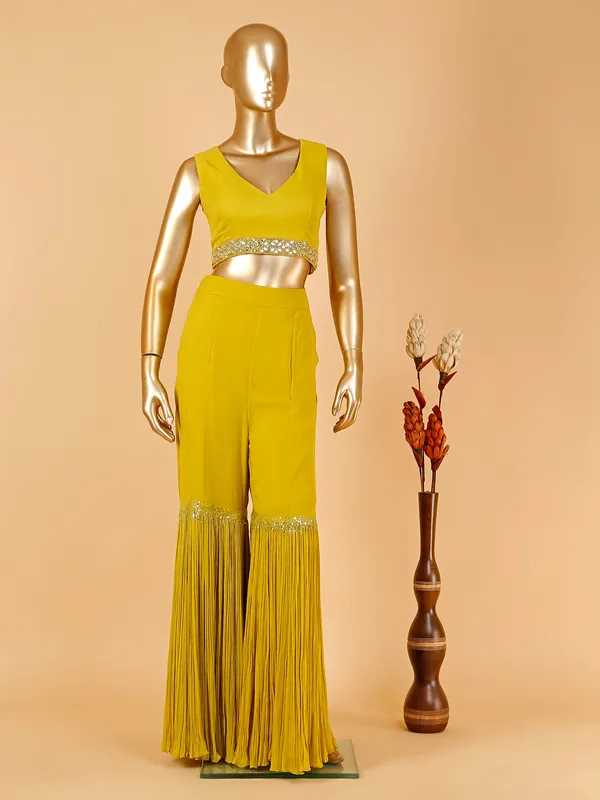 Mustard yellow jacket style georgette sharara suit
