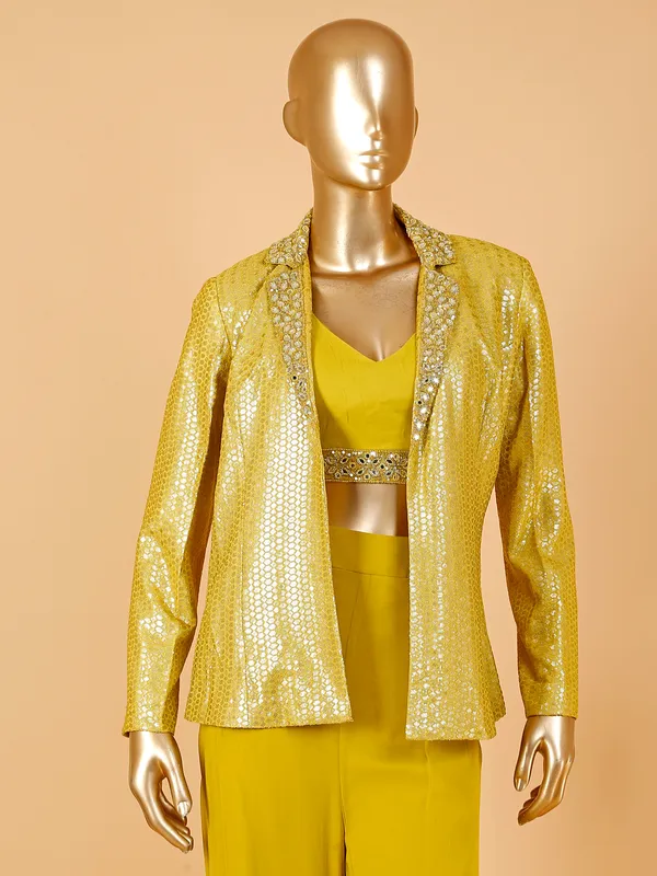 Mustard yellow jacket style georgette sharara suit