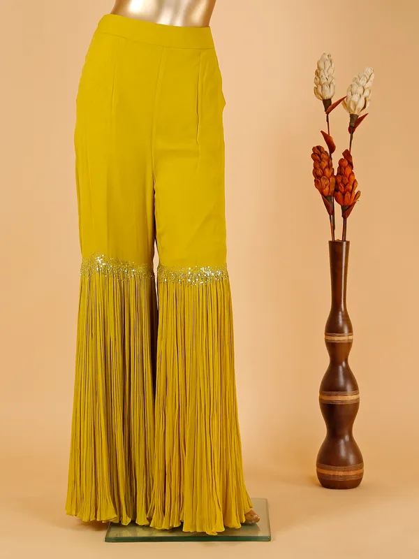 Mustard yellow jacket style georgette sharara suit