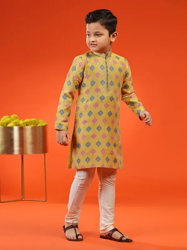 Mustard yellow jacquard kurta suit