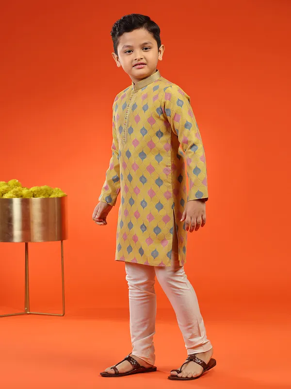 Mustard yellow jacquard kurta suit