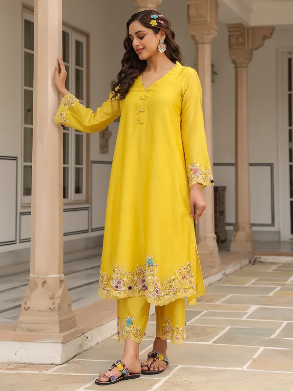 Mustard yellow kurti set for women in chanderi silk